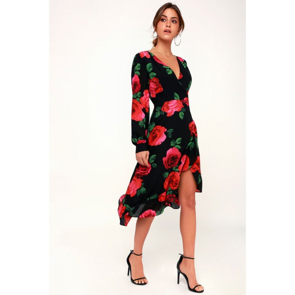 Lulu's Black Floral Midi Dress